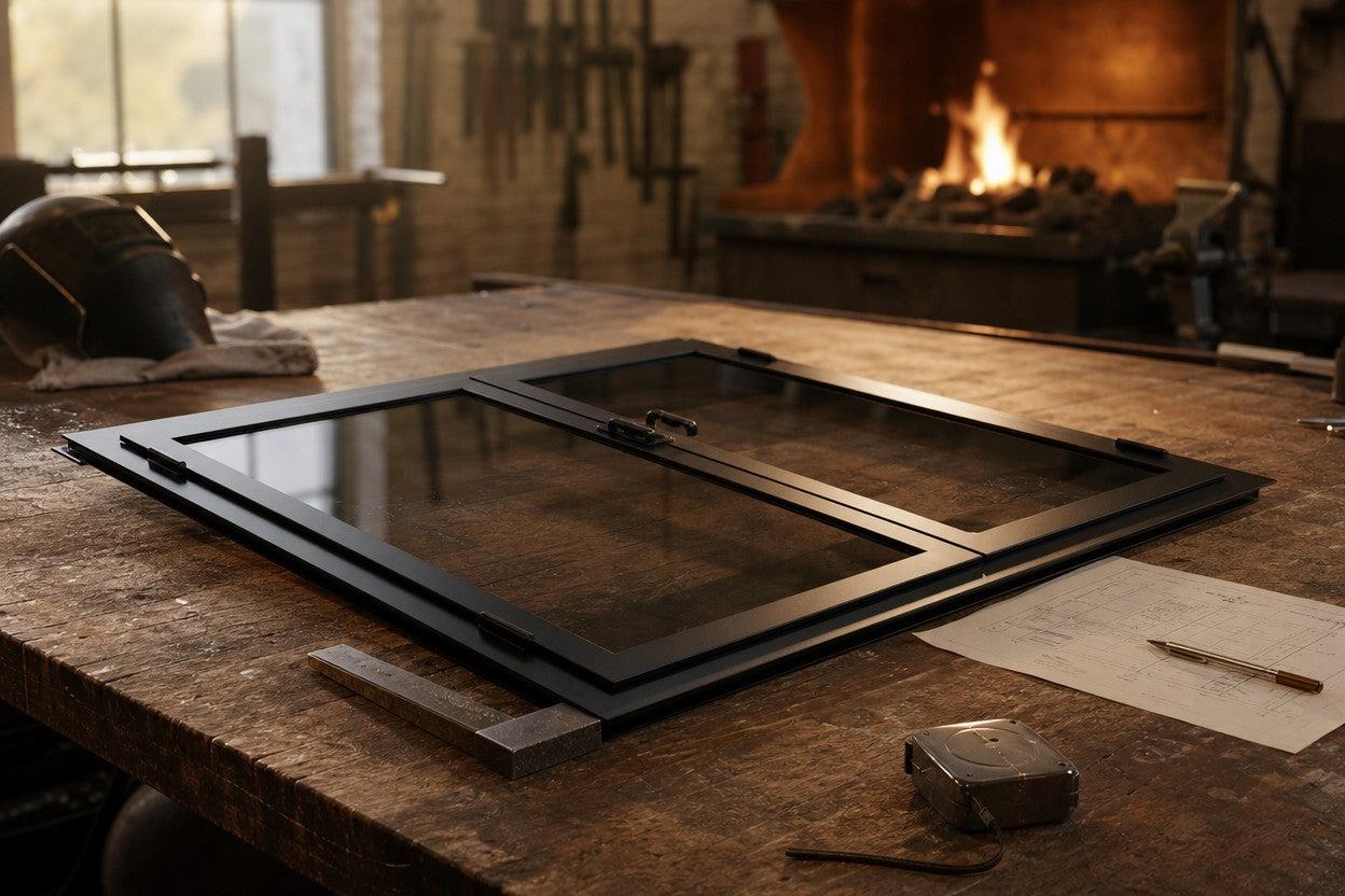 Steel fireplace door frame on a fabrication workbench with measuring tools