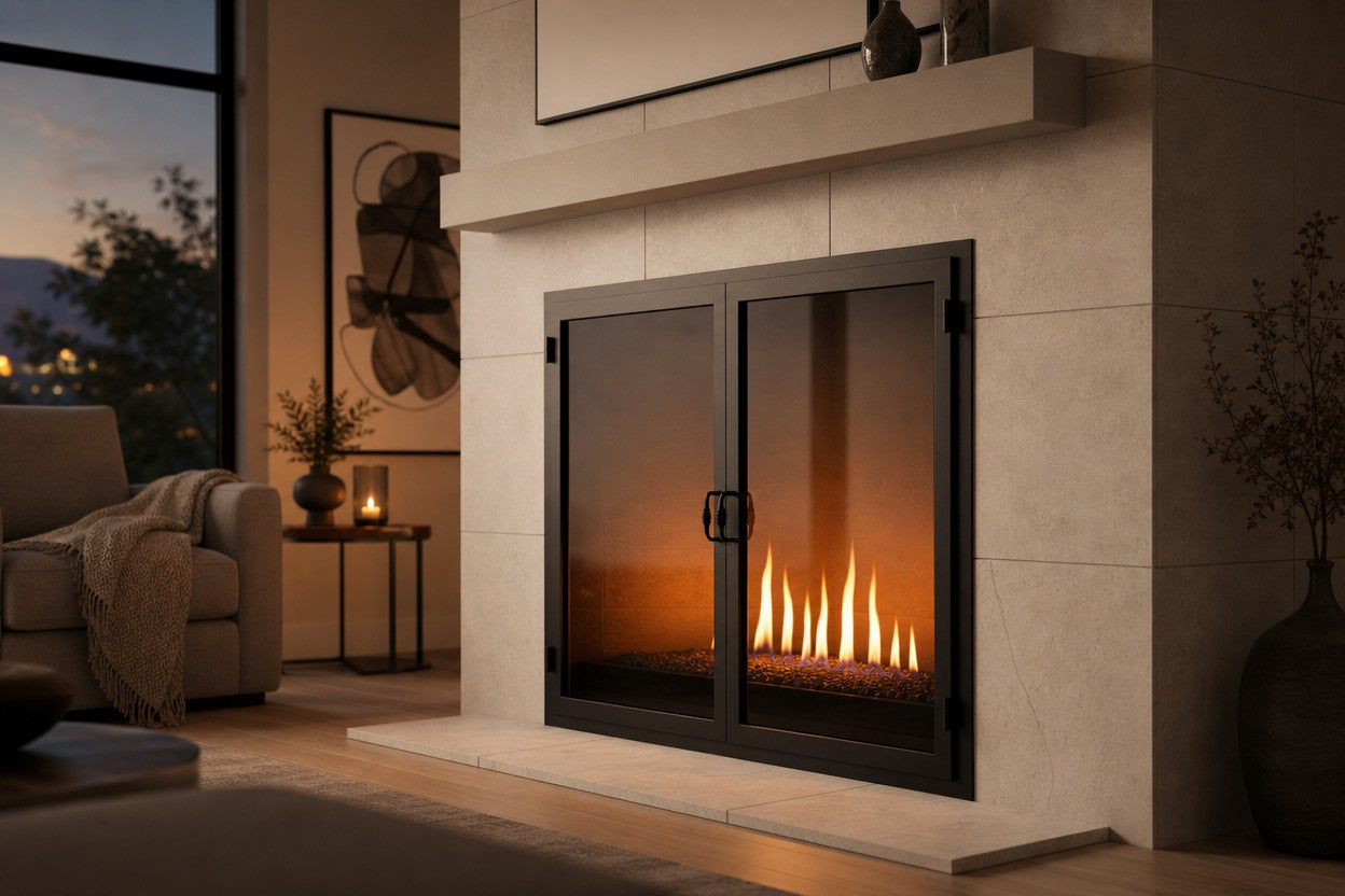 Fireplace with elegant glass doors closed and a warm fire glowing behind the glass