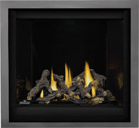 Napoleon Altitude X 36 direct vent gas fireplace product shot with oak log kit and gunmetal finish trim