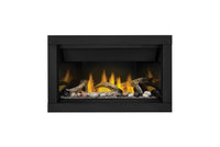 Napoleon Ascent Linear 36 gas fireplace product shot with crushed glass, mineral rock and driftwood media