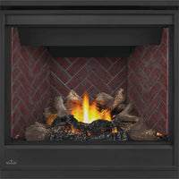 Napoleon Ascent X 36 gas fireplace product shot with oak logs and decorative brick panels