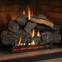 21" Cross Timbers Vented Gas Log Set | Hargrove — 3/4 angle view with flame