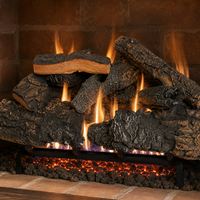 24" Cross Timbers Vented Gas Log Set | Hargrove — 3/4 angle view with flame
