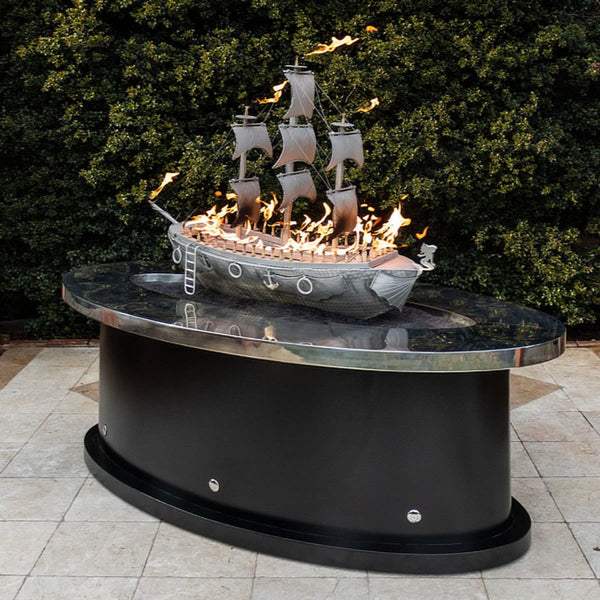 La Pinta Rectangle Powder Coat Steel Fire Pit Table with yellow flames and weather-resistant finish
