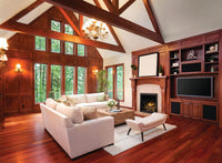 Napoleon Elevation X 36 gas fireplace lifestyle shot with porcelain panels, Zen front and oak logs