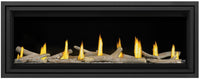 Napoleon Vector 50 direct vent linear gas fireplace product shot with contemporary logs, premium safety barrier and black trim