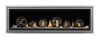 Napoleon Vector 62 linear gas fireplace product shot with wrought iron globes, shore fire kit and stainless trim