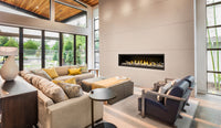 Napoleon Vector 74 linear gas fireplace lifestyle shot in living room
