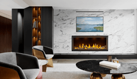 Napoleon Tall Linear Vector 62 gas fireplace lifestyle shot in living room with mineral rock and driftwood