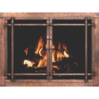 Aged iron rustic masonry fireplace glass doors with hand-finished patina
