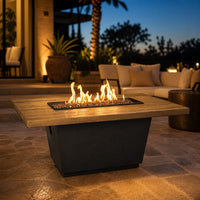 American Fyre Designs Reclaimed Wood Cosmopolitan 54" Rectangle Fire Table - French Barrel Oak — lifestyle