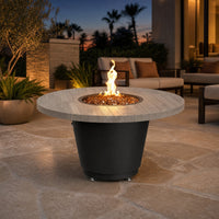 American Fyre Designs Reclaimed Wood Cosmopolitan 48" Round Gas Fire Table - Silver Pine — lifestyle
