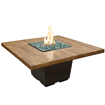Dining French Barrel Oak Cosmo square firetable with rustic wood finish and black lava base