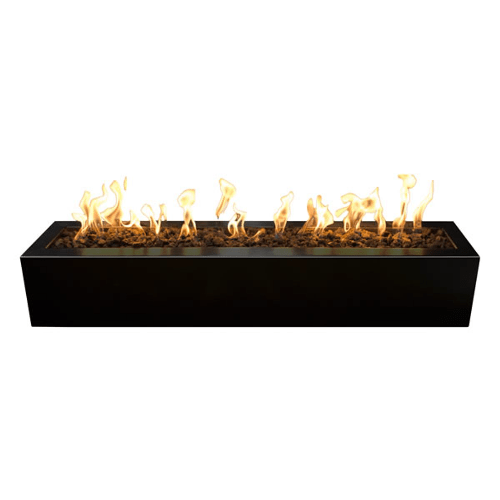 Eaves Fire Pit with modern design and glowing flames outdoors