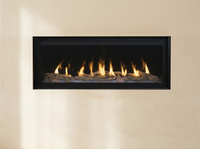 Superior DRL6000 48" Direct Vent Linear Gas Fireplace — room setting. AI-assisted visualization; shown fronts, liners, media and surroundings may be optional.