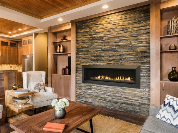 Majestic Echelon II 60" Direct Vent Linear Gas Fireplace — room setting. AI-assisted visualization; shown fronts, liners, media and surroundings may be optional.