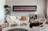 Napoleon Entice 50 wall-hanging electric fireplace with customizable flame colors and crystal-clear cubes in a modern minimalist design