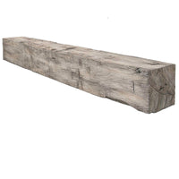 Farmhouse Rustic Concrete Mantel Shelf in weathered grey, mimicking hand-hewn timber, non-combustible and oversized for fireplaces.