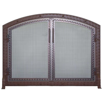 Custom free standing fireplace screen with blacksmith arch and working doors, heavy gauge mesh, solid steel frame