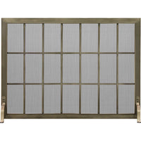 Custom free standing fireplace screen with industrial black steel frame and heavy gauge mesh