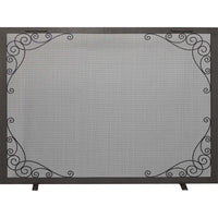 Custom free standing fireplace screen with traditional rectangle scroll design in silver mist finish