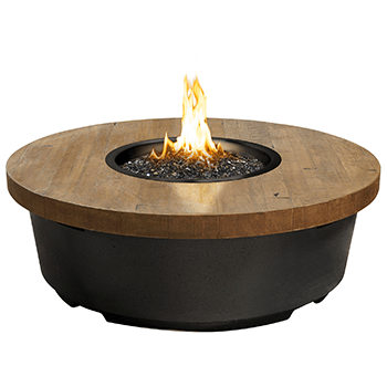 French Barrel Oak Contempo round firetable with rustic wood finish and black lava base