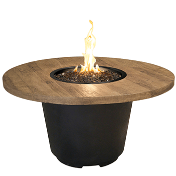 French Barrel Oak Cosmo Round Firetable with rustic reclaimed wood finish and black lava base