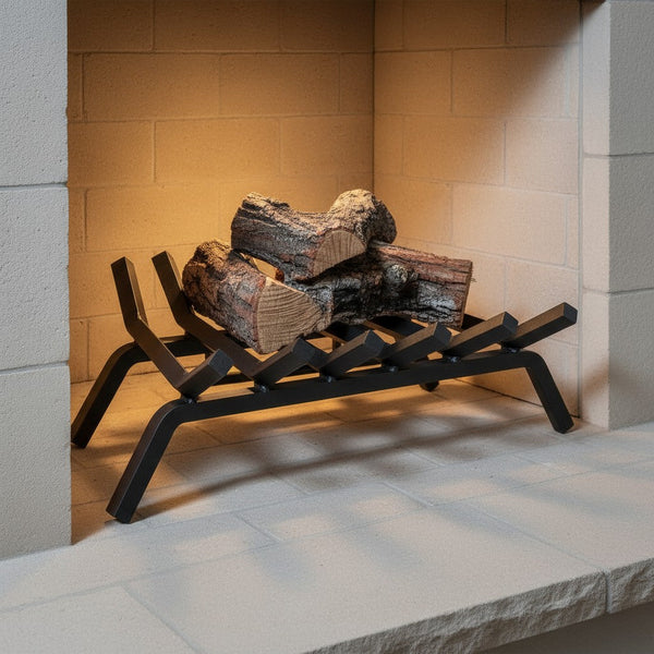 24-inch heavy-duty fireplace grate made of ¾-inch solid steel with matte black finish and lifetime warranty, designed for superior airflow and zero clearance fireplaces, made in the USA by Design Specialties