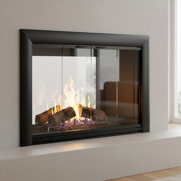Bungalow masonry fireplace glass door with 2-3 inch overlap and 3.5 inch frame width