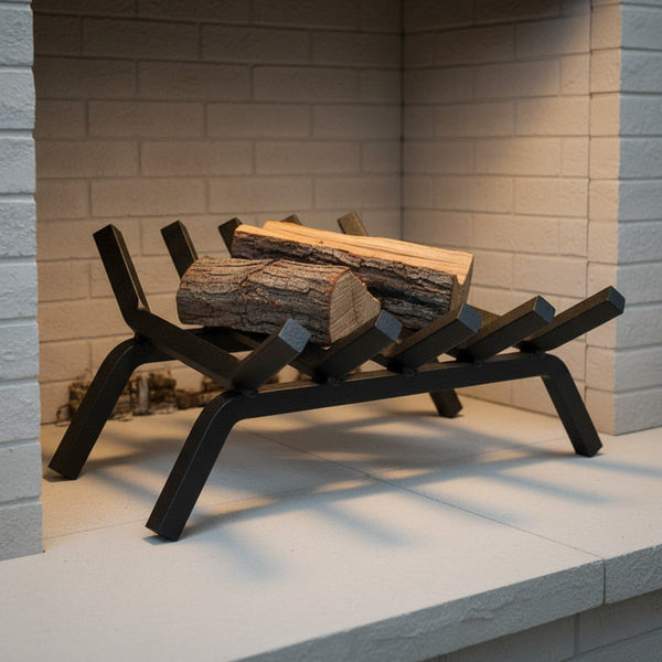 18-inch heavy-duty fireplace grate made from ¾-inch solid steel with matte black finish and lifetime warranty