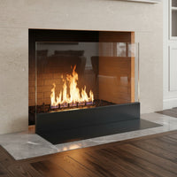 Modern clear glass fireplace screen with steel base and 3-inch square handle, custom made in 27 colors