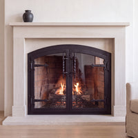 Hammered Edge fireplace glass doors — installed room — Matte Black