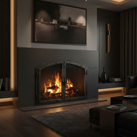 Old World - Arch Masonry Distressed Steel Fireplace Glass Doors | Custom