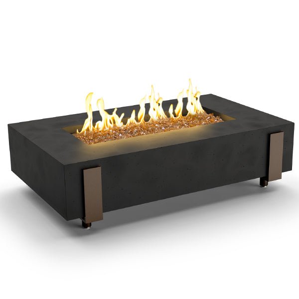 Iron Saddle Firetable outdoor fire pit table with steel straps and glass fiber concrete finish