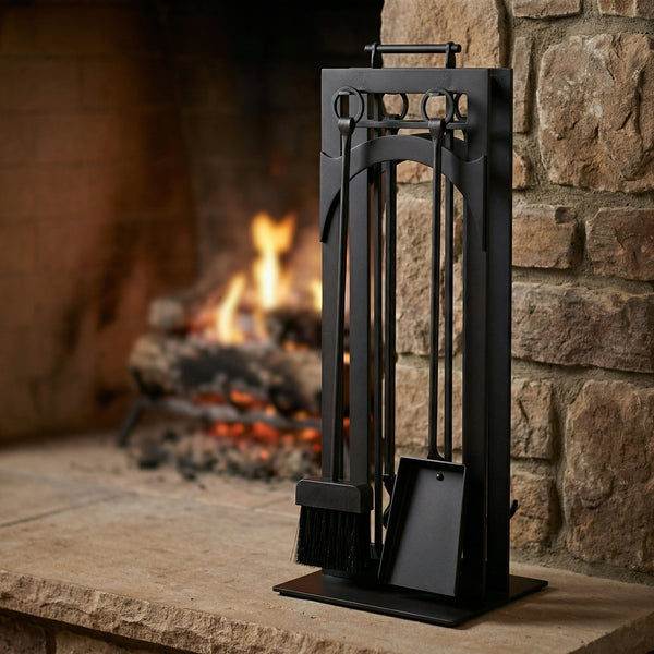 Modern fireplace tool set with freestanding stand in laser-cut steel, available in 21 finish colors by Design Specialties Madrid