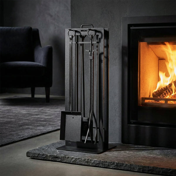 Design Specialties fireplace tool set in laser-cut steel with freestanding stand and 21 finish colors