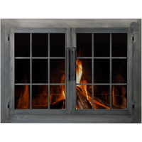 Industrial masonry and prefab fireplace glass doors with raw metal design and double pane factory window style