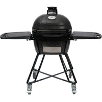 Primo All-In-One Oval Junior 200 ceramic kamado grill with cradle, side shelves, and stainless steel grates
