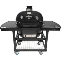 Primo Jack Daniels Edition Oval XL ceramic kamado grill on steel cart with side shelves and stainless steel grates