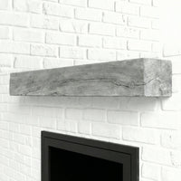 Grist Mill mantel shelf in weathered grey finish with detailed woodgrain and non-combustible concrete design