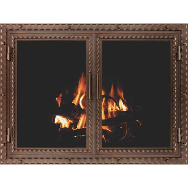 Smithline Masonry rustic steel fireplace glass doors with blacksmith style design