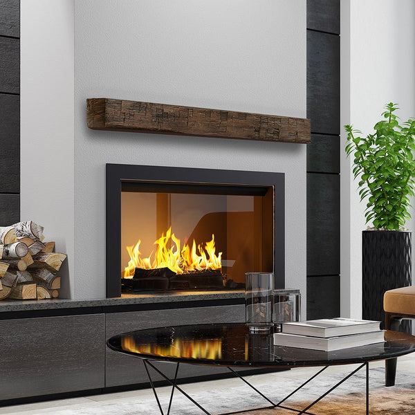 Tavern Timbered Beam non-combustible mantel shelf in Toasted Rye finish made from reclaimed White Oak timber