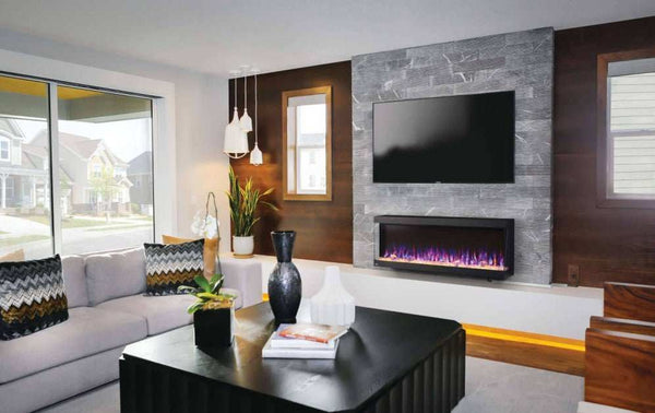 Trivista™ Pictura 50 three-sided wall hanging electric fireplace with multi-color LED ember bed and angled glass