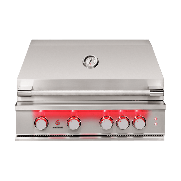 TrueFlame 32 inch built-in stainless steel grill with LED lighting and heat zone separators