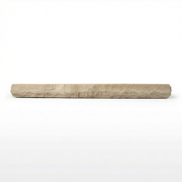 Rockface Stone Mantel Shelf Turfway Tan non-combustible concrete Burncrete finish close-up