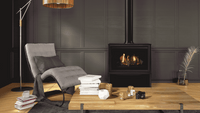 Majestic Ruby freestanding gas fireplace lifestyle room shot