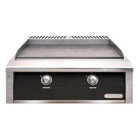 Alfresco 30-Inch freestanding natural gas griddle with dual-zone thermostatic control and stainless steel cover in jet black gloss