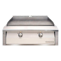 Alfresco 30-Inch freestanding natural gas griddle with dual-zone stainless steel cooking surface in signal white gloss