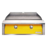 Alfresco 30-Inch freestanding natural gas griddle with dual-zone thermostatic control and stainless steel cover in traffic yellow