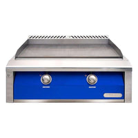 Alfresco 30-Inch freestanding natural gas griddle with dual-zone thermostatic control and stainless steel cover in ultramarine blue